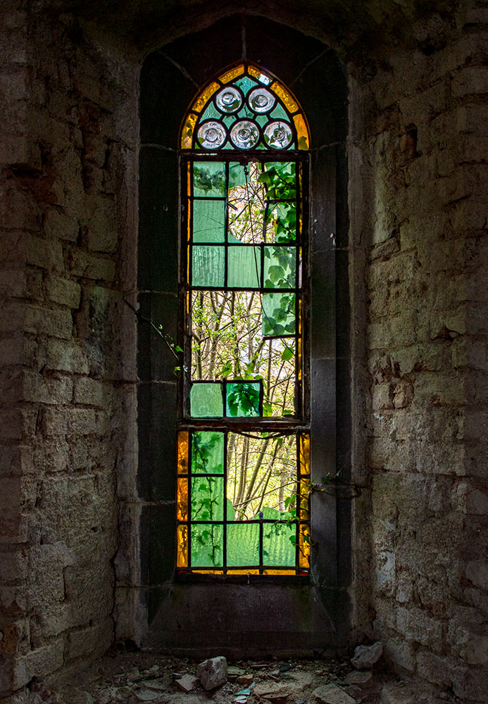 Green Stained Glass Window - View through panel - Forsaken Ireland