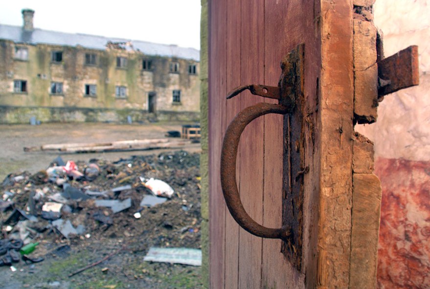 Door latch and view of workhouse buildings